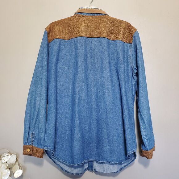 Vintage 1990's Womens Rodeo Western Button Up Shirt Size 16 Suede Denim Studded - Picture 7 of 11